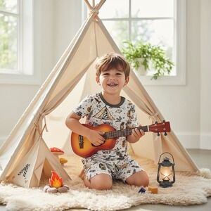 3t Go Wild Camping Print Kids Pajama Set Short Sleeve Teepee Guitar NWT